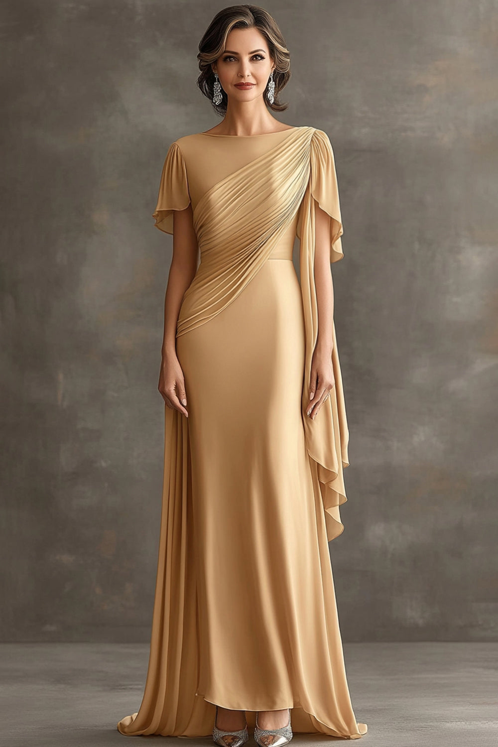 Golden Ruched Sheath Chiffon Mother of the Bride Dress