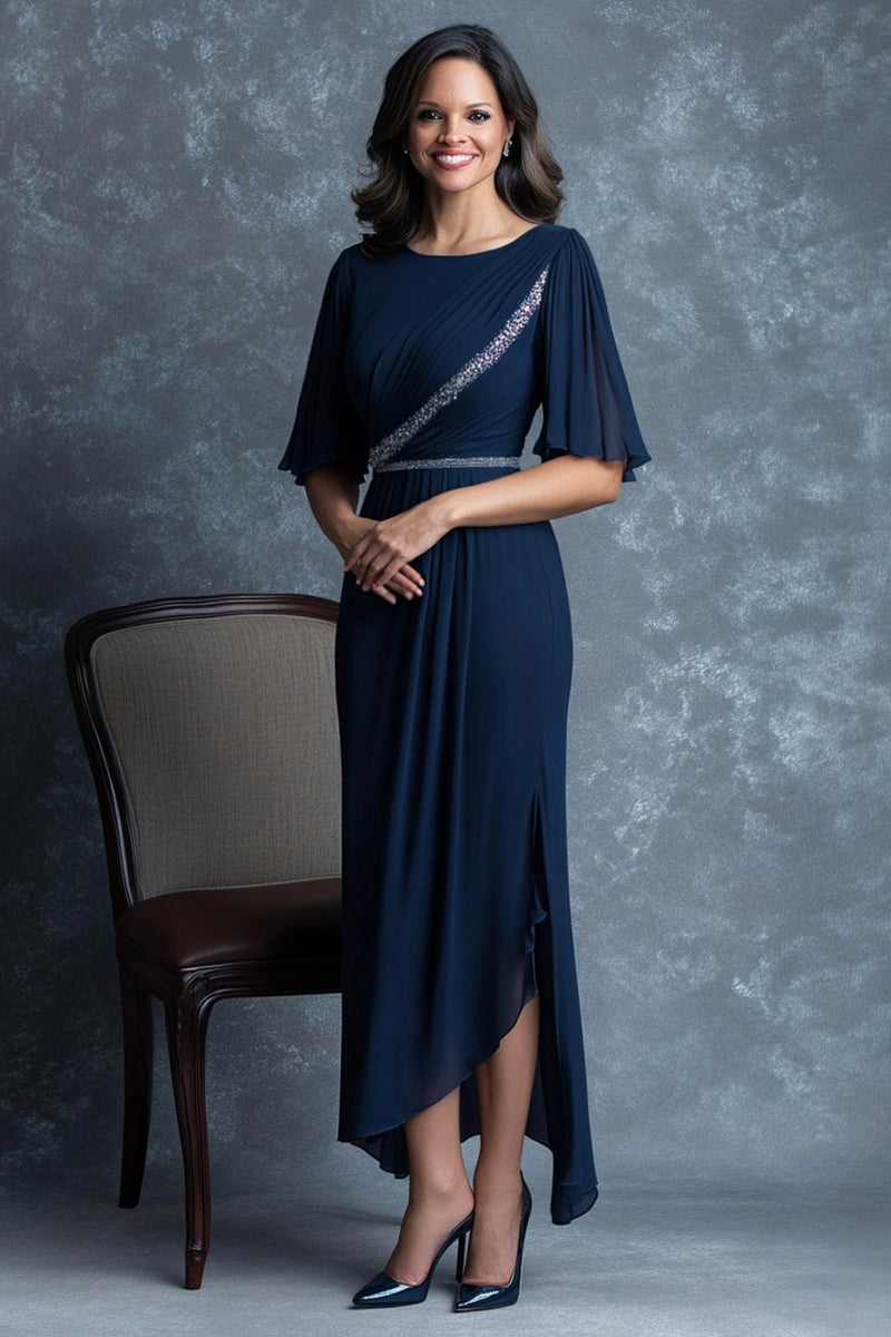 Load image into Gallery viewer, Sparkly Navy Asymmetrical Pleated Mother of the Bride Dress