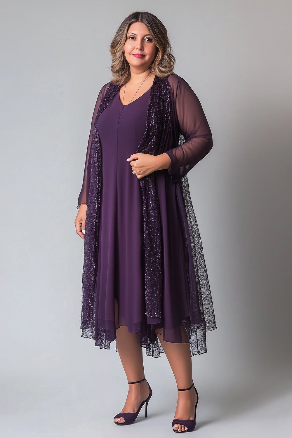 Sparkly Purple V-Neck Tea Length Mother of the Bride Dress with Sequins