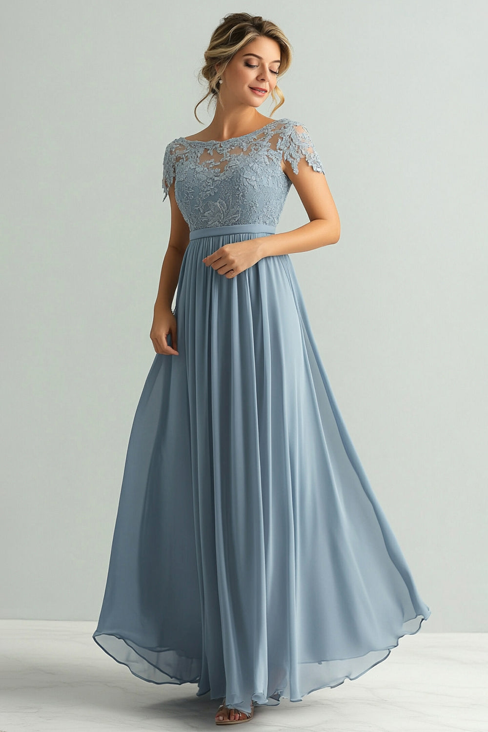 Floral Dusty Blue Round A Line Mother of the Bride Dress