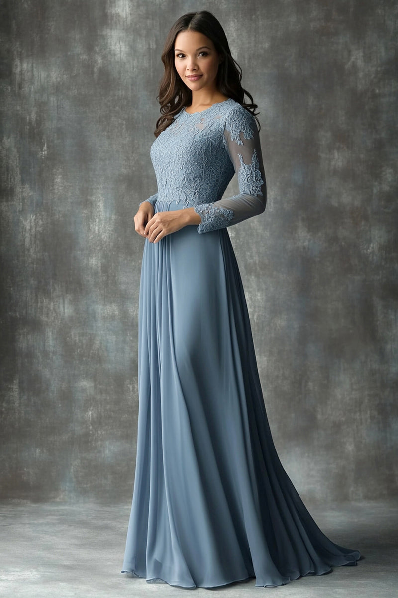 Load image into Gallery viewer, Floral Dusty Blue Round Pleated Mother of the Bride Dress with Appliques