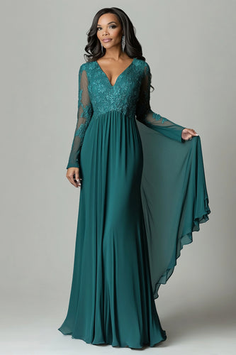 Floral Dark Green V-Neck Pleated Mother of the Bride Dress