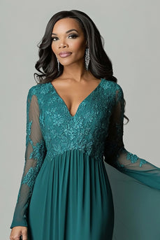 Floral Dark Green V-Neck Pleated Mother of the Bride Dress