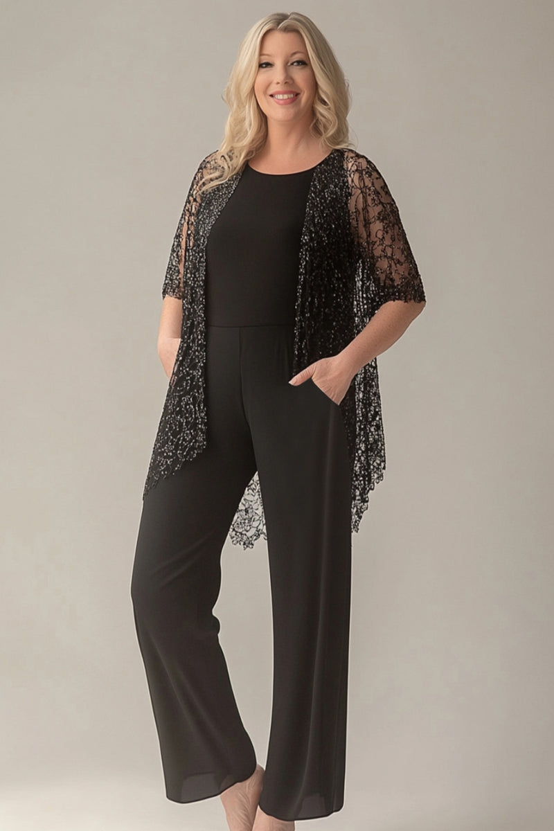 Load image into Gallery viewer, Sparkly Black Round Jumpsuit with Sequined Jacket