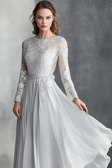 Floral Light Grey Asymmetrical Chiffon Mother of the Bride Dress with Long Sleeves