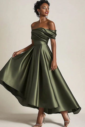 Queendancer Women Wedding Guest Dress Elegant Olive Satin Mother of the Bride Dress Off the Shoulder Asymmetrical A Line Mother of the Groom Dress