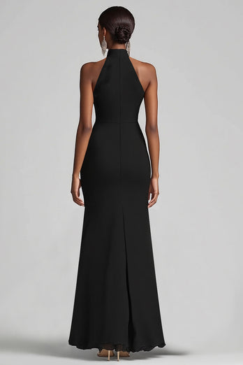 Black Sheath High Neck Ruffled Long Formal Dress with Slit