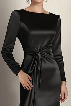 Black Satin Sheath Long Sleeves Mother of the Bride Dress with Side Waist