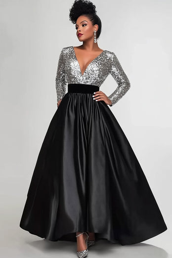 Queendancer Women Sparkly Black Silver Mother of the Bride Dress with Long Sleeves Satin Sequin A Line V-Neck  Floor Length Mother of the Mother Dress