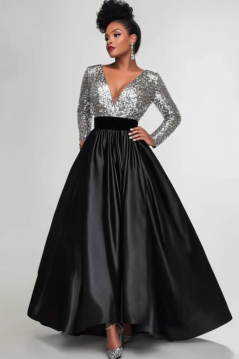 Load image into Gallery viewer, Queendancer Women Sparkly Black Silver Mother of the Bride Dress with Long Sleeves Satin Sequin A Line V-Neck  Floor Length Mother of the Mother Dress