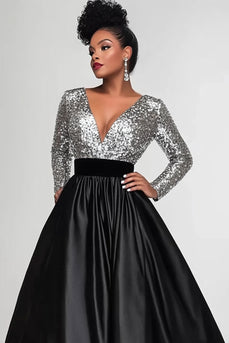 Sparkly Black Silver A Line V-Neck Sequin Mother of the Bride Dress