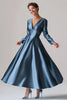 Load image into Gallery viewer, Blue Satin A Line V-Neck Mother of the Bride Dress with Long Sleeves