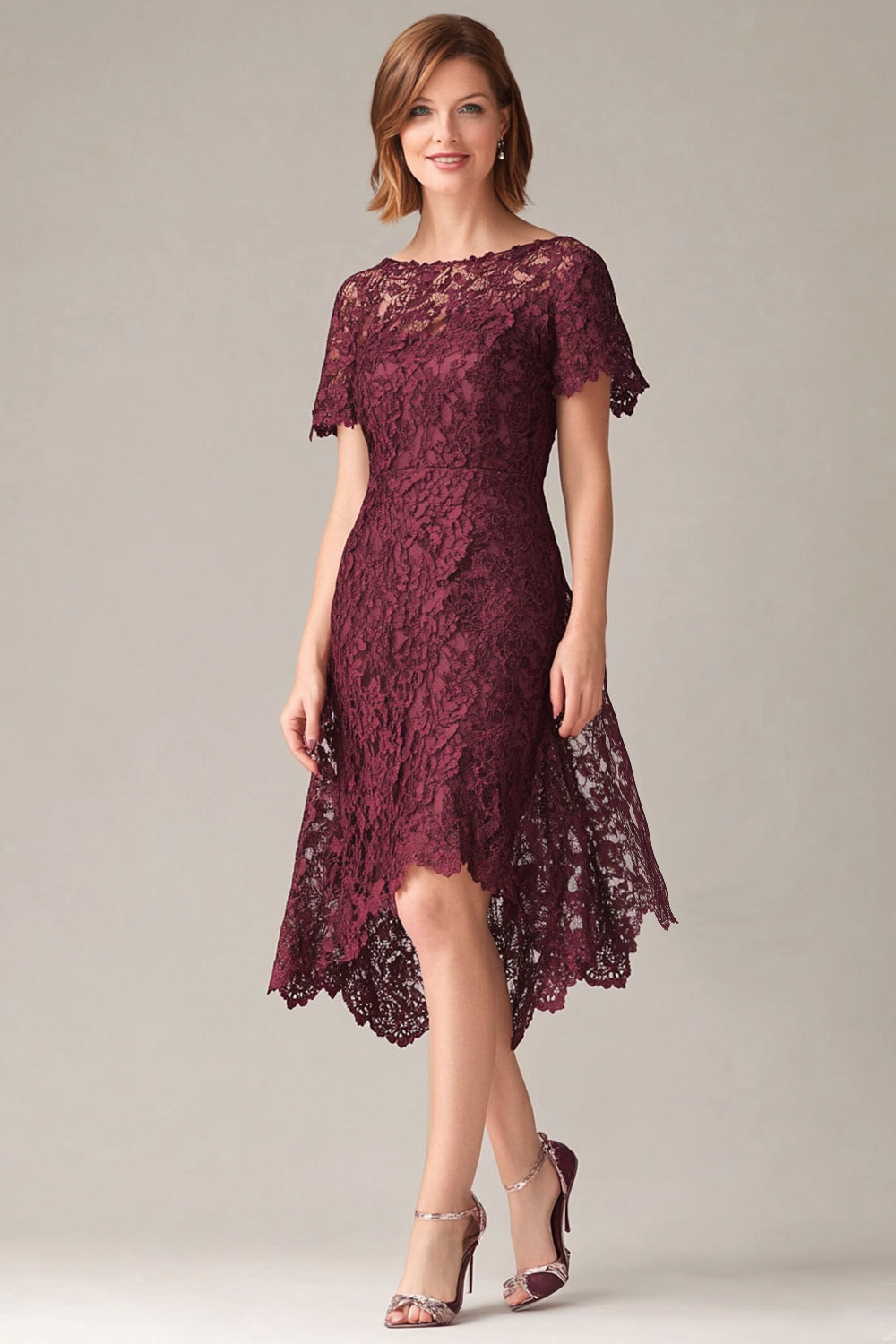 Burgundy Lace Midi Asymmetrical Mother of the Bride Dress with Short Sleeves