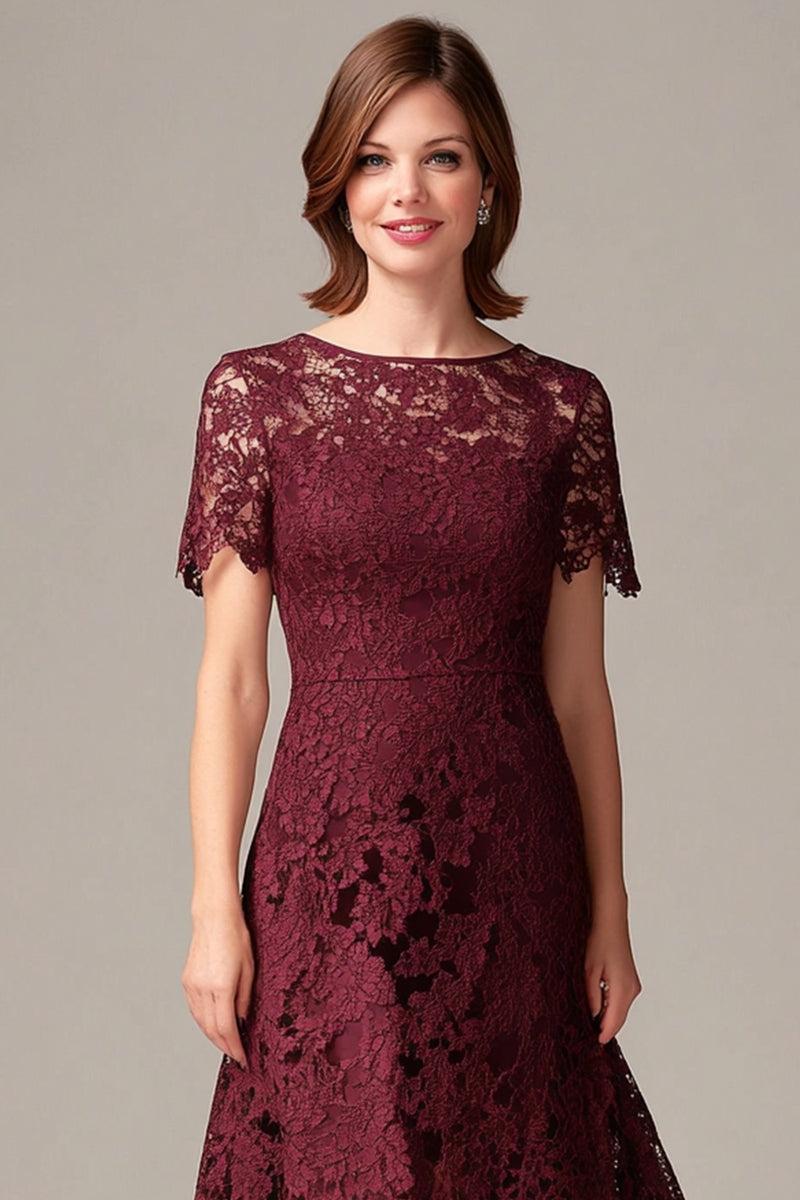 Load image into Gallery viewer, Burgundy Lace Midi Asymmetrical Mother of the Bride Dress with Short Sleeves