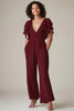 Load image into Gallery viewer, Burgundy Chiffon V-Neck Ruffled Sleeves Jumpsuit