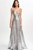 Load image into Gallery viewer, Sparkly Silver Sequin A Line V-Neck Long Formal Dress