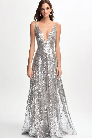 Sparkly Silver Sequin A Line V-Neck Long Formal Dress