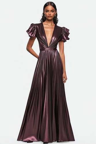 Dusty Purple Metallic Pleated Long Formal Dress with Ruffled Seeves