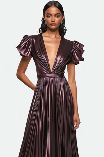 Dusty Purple Metallic Pleated Long Formal Dress with Ruffled Seeves