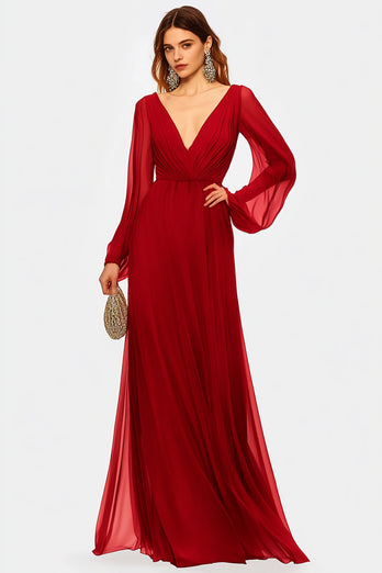 Red A Line V-Neck Chiffon Long Formal Dress with Long Sleeves