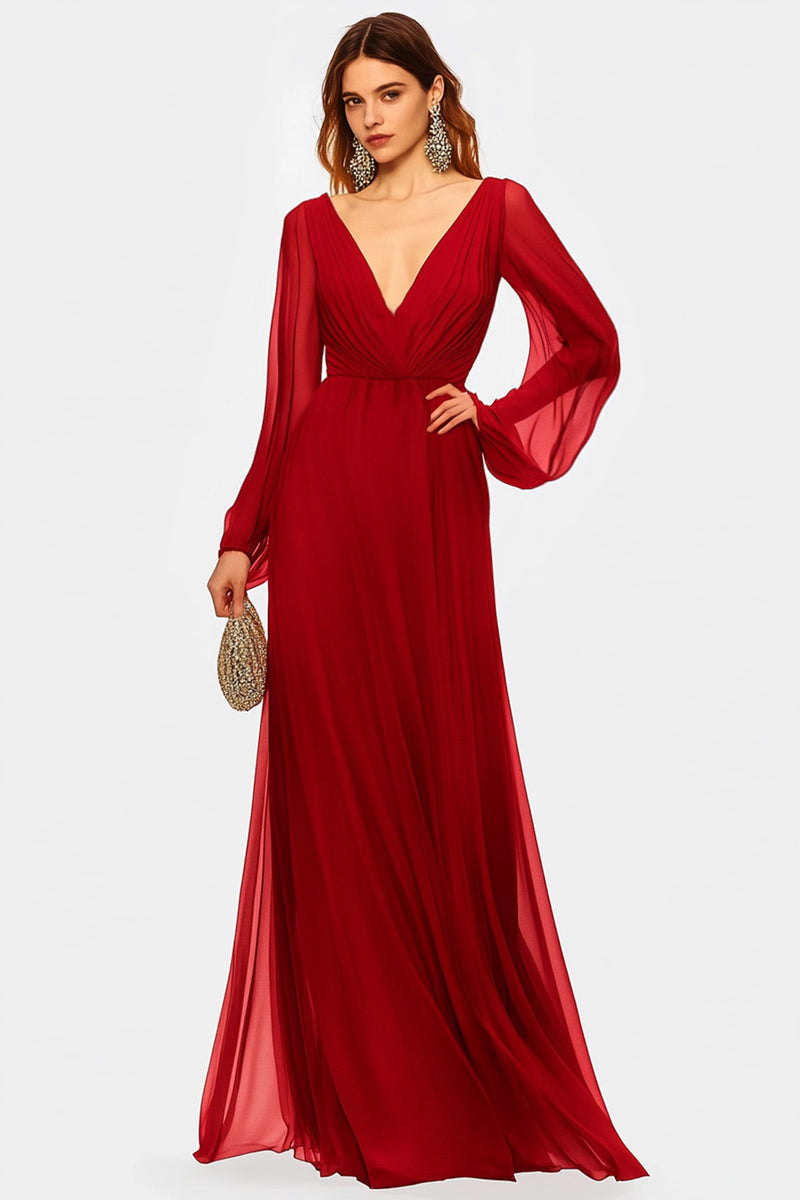 Load image into Gallery viewer, Red A Line V-Neck Chiffon Long Formal Dress with Long Sleeves