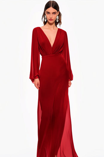 Red A Line V-Neck Chiffon Long Formal Dress with Long Sleeves