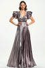 Load image into Gallery viewer, Metallic Taro Purple Pleated A Line V-Neck Long Formal Dress