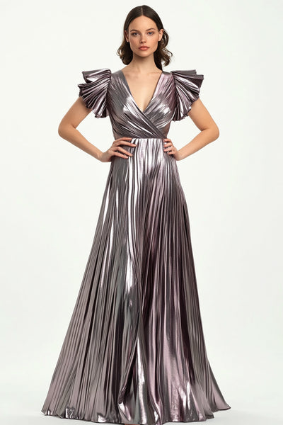 Metallic Taro Purple Pleated A Line V-Neck Long Formal Dress