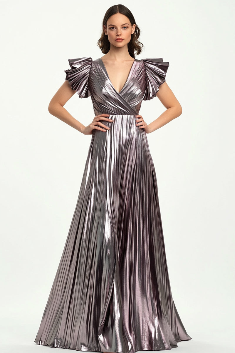 Load image into Gallery viewer, Metallic Taro Purple Pleated A Line V-Neck Long Formal Dress