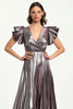 Load image into Gallery viewer, Metallic Taro Purple Pleated A Line V-Neck Long Formal Dress