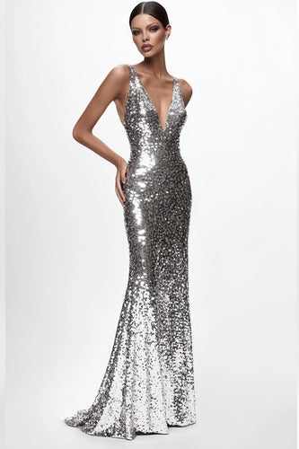 Sparkly Silver Sequin Sheath V-Neck Long Formal Dress