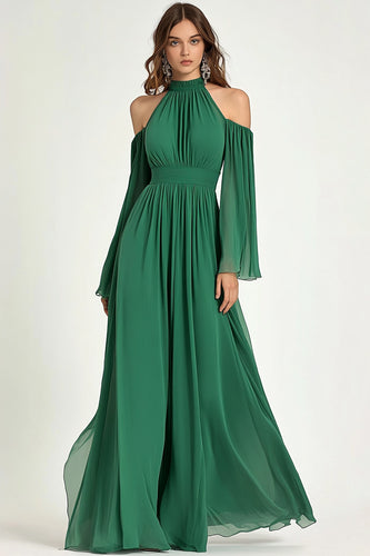 Green A Line Chiffon High Neck Long Formal Dress