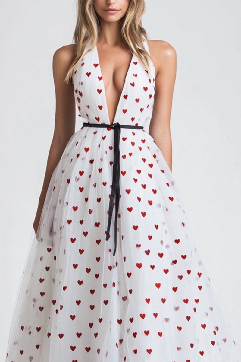 Load image into Gallery viewer, Cute White V-Neck A Line Tulle Long Formal Dress with Red Hearts