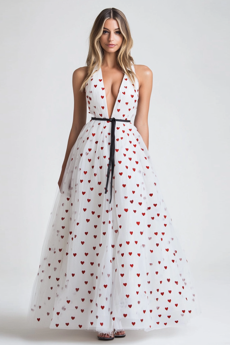 Load image into Gallery viewer, Cute White V-Neck A Line Tulle Long Formal Dress with Red Hearts