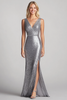 Load image into Gallery viewer, Silver Sparkly V-Neck Sequin Pleated Long Formal Dress with Slit