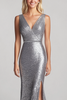 Load image into Gallery viewer, Silver Sparkly V-Neck Sequin Pleated Long Formal Dress with Slit