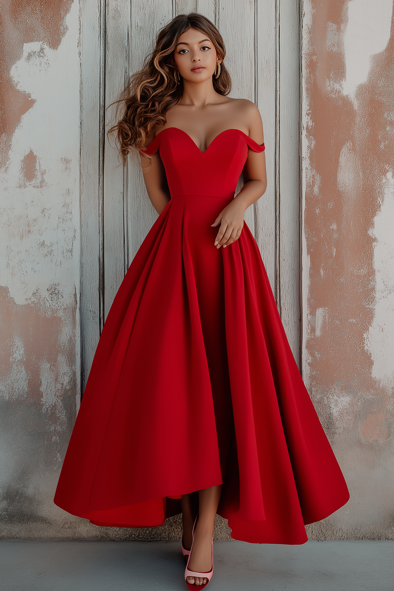 Load image into Gallery viewer, Red Satin Off the Shoulder Asymmetrical Long Formal Dress