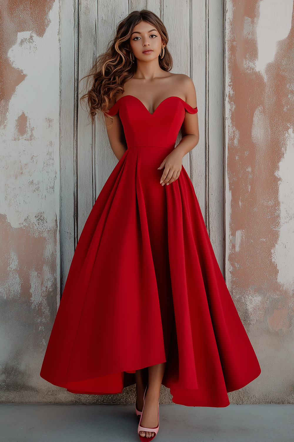 Red Satin Off the Shoulder Asymmetrical Long Formal Dress