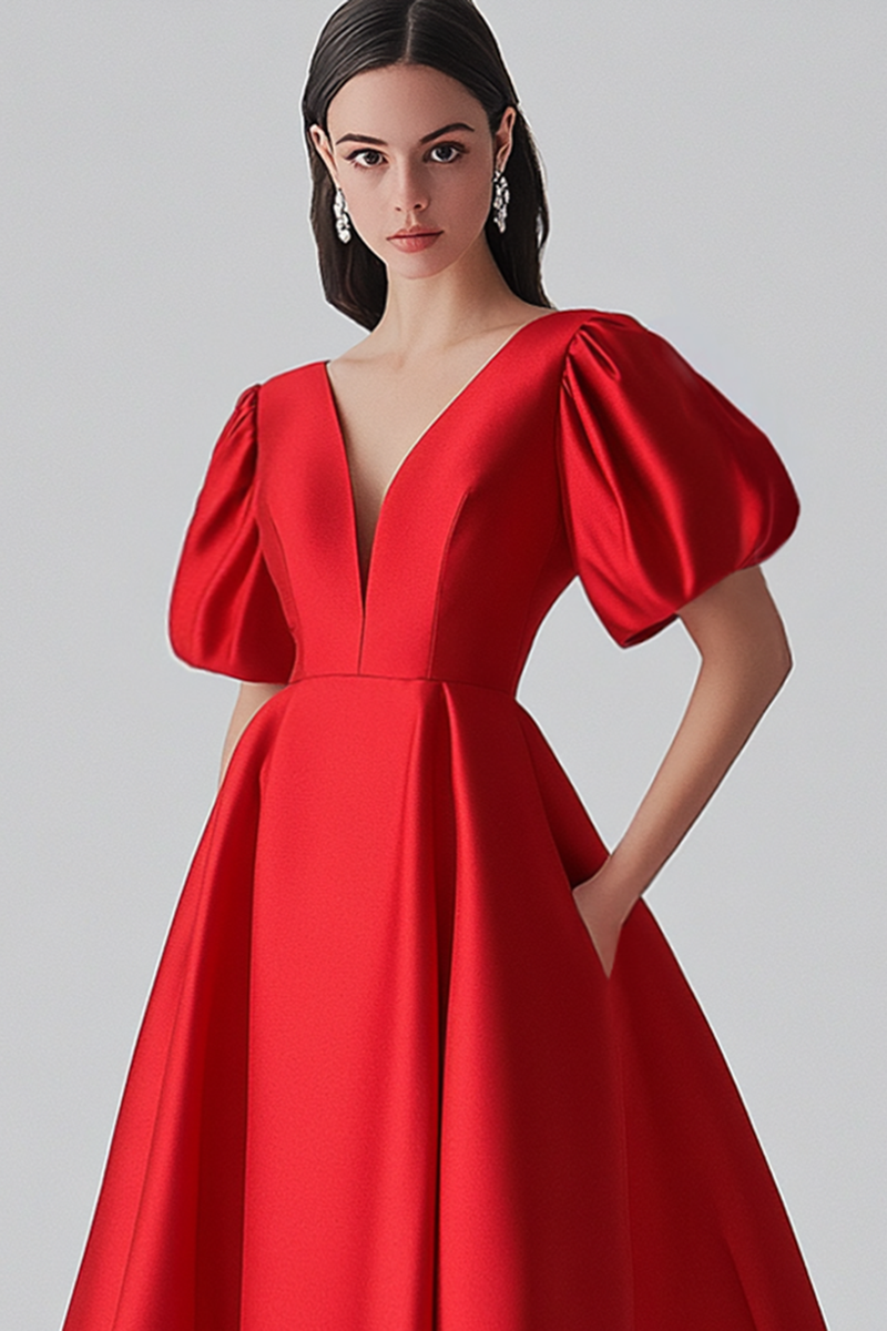 Load image into Gallery viewer, Red V-Neck Puff Sleeves Satin Long Formal Dress