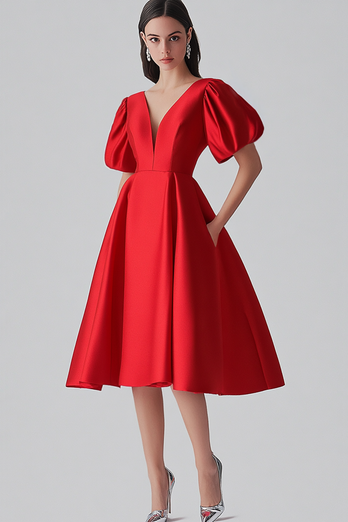 Red V-Neck Puff Sleeves Satin Long Formal Dress