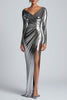 Load image into Gallery viewer, Silver Metallic Boat Neck Ruched Long Formal Dress with Slit