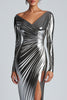 Load image into Gallery viewer, Silver Metallic Boat Neck Ruched Long Formal Dress with Slit