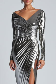 Silver Metallic Boat Neck Ruched Long Formal Dress with Slit