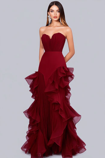 Burgundy Sweetheart A Line Tiered Tulle Long Formal Dress