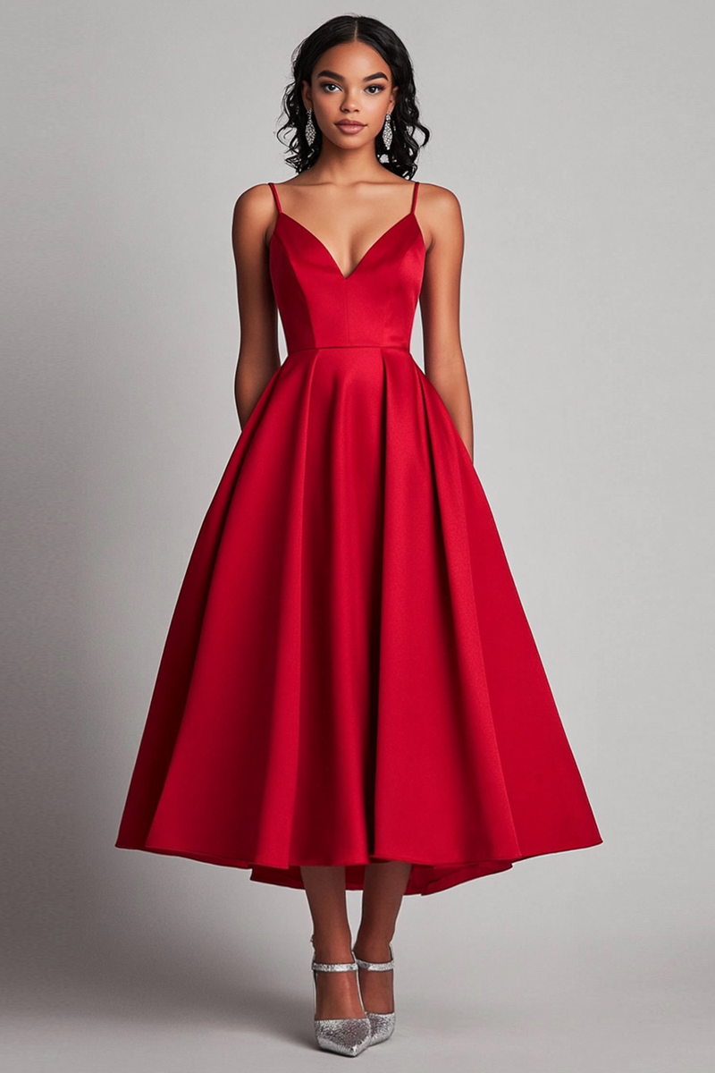 Load image into Gallery viewer, Red Spaghetti Straps Asymmetrical Tea Length Long Formal Dress