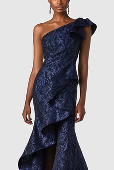 Floral Navy One Shoulder Mermaid Long Formal Dress with Ruffles