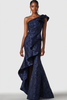 Load image into Gallery viewer, Queendancer Women Floral Navy Satin Formal Dress Mermaid Evening Dress One Shoulder Ruffled Gala Dress