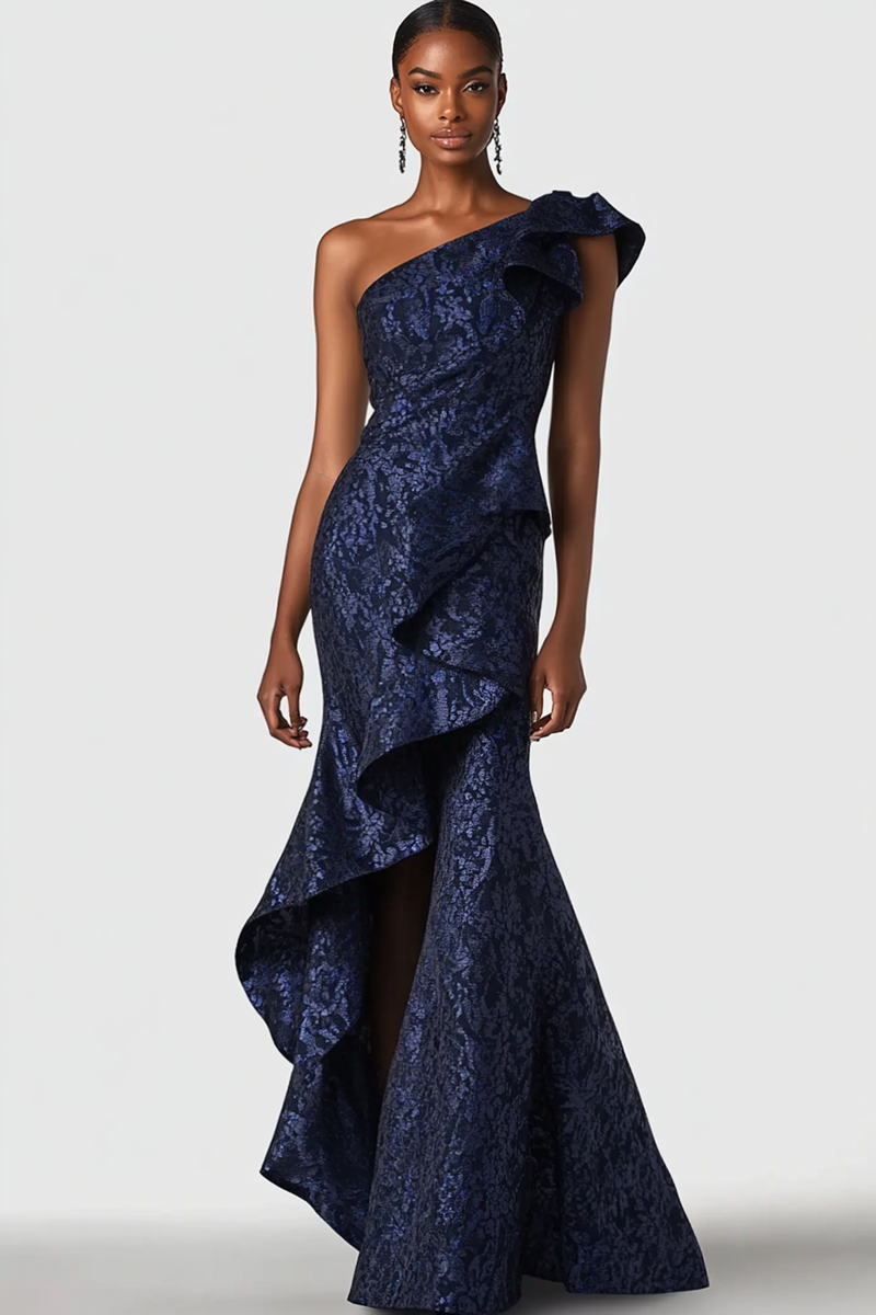 Load image into Gallery viewer, Floral Navy One Shouler Mermaid Long Formal Dress with Ruffles