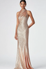 Load image into Gallery viewer, Sparkly Champagne Sequin Sheath High Neck Long Formal Dress