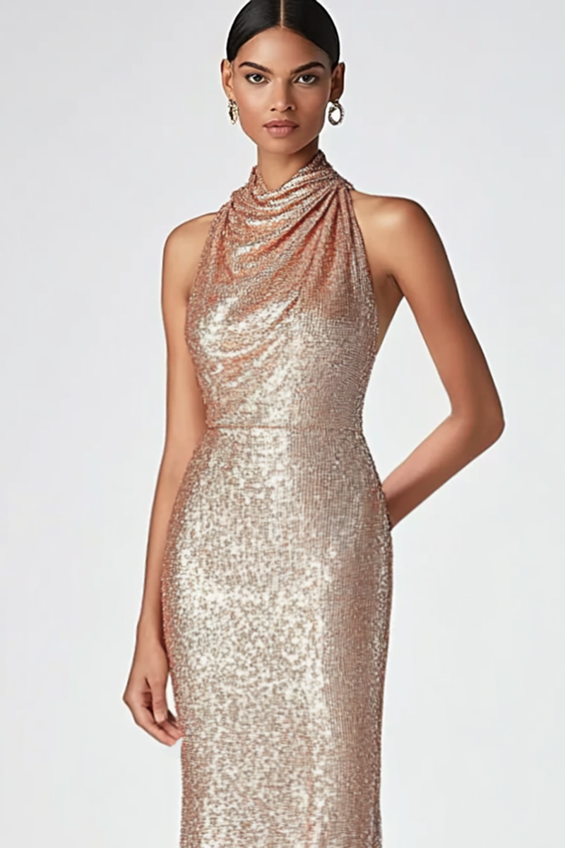 Load image into Gallery viewer, Sparkly Champagne Sequin Sheath High Neck Long Formal Dress